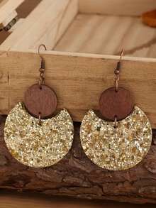 2 Stücke Vintage-Stil Holz-Rund-Pailletten Anhänger Ohrringe - Verschiedenfarbig - Übersicht 4