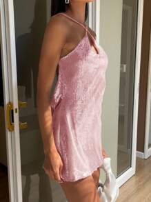 性感串珠细肩带露背迷你连衣裙，返校派对礼服，返校节礼服