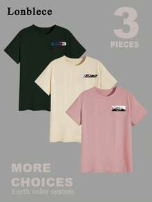 Lonblece 3 件男女通用赛车图案圆领 T 恤，休闲舒适 - 彩色 - 查看 2