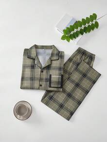 男士舒适新款两件套睡衣套装 - 格子长袖衬衫 - 格子长裤 - 舒适休闲睡衣，秋冬服装 - 棕色 - 查看 5