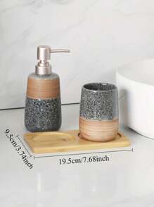 3 PiecesGlazed Ceramic Bathroom Set | Toothbrush Cup, Soap Dispenser & Natural Wood Tray | Hygienic Counter Organizer For Modern Farmhouse (Easy Clean, Gift Ready) Back To School