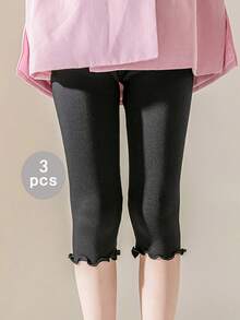 3 件套女童春季新款可爱印花打底裤，儿童松紧腰蕾丝花边针织打底裤