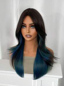 1 Piece Of Dyed Blue Synthetic Heat-Resistant Curly Hair, 24 Inches Long, Made Of Fiber, Suitable For Daily Use, Natural And Realistic Wig. - Blue Highlight - View 8