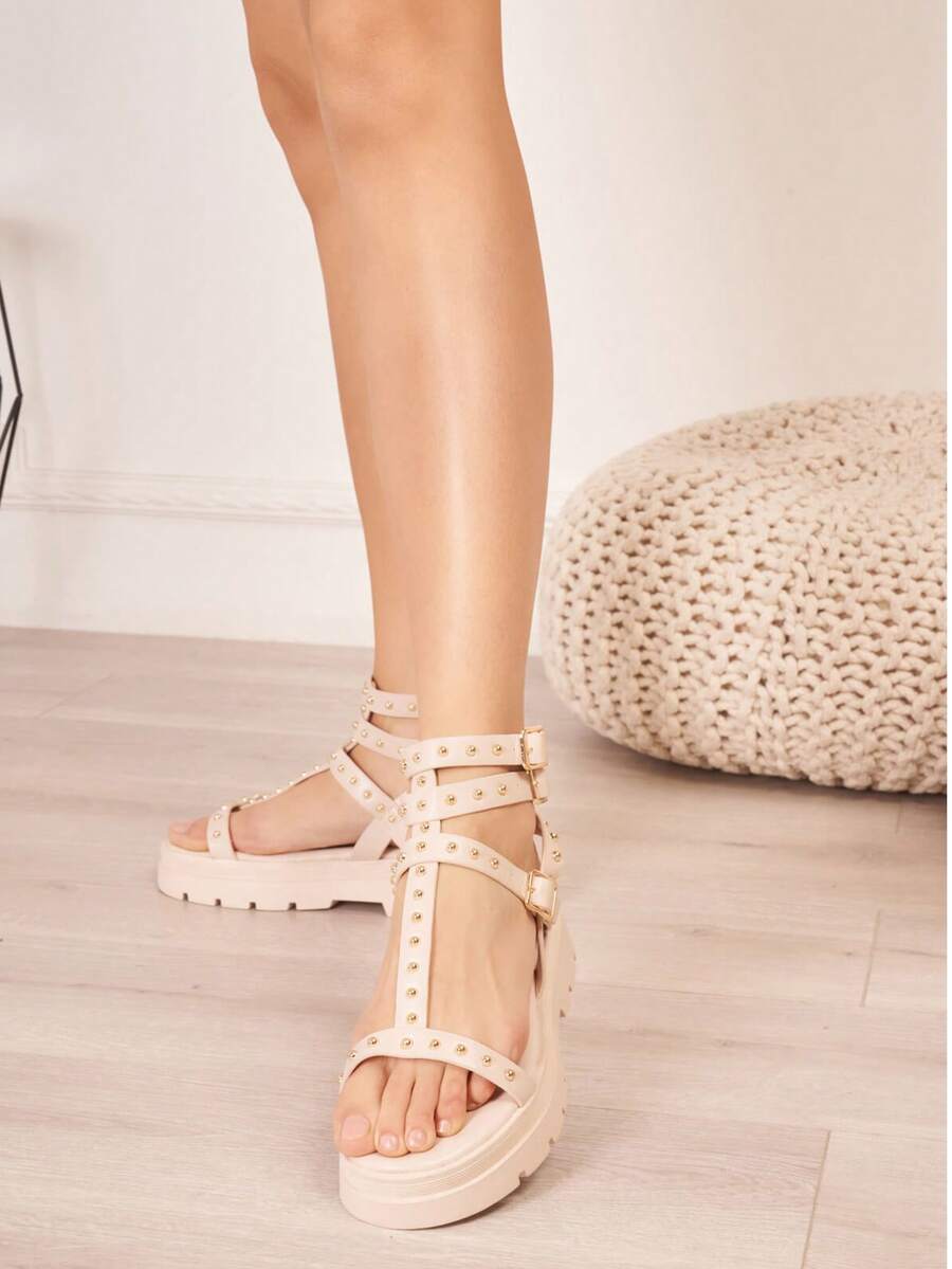 Studded Gladiator Style Thick Sole Adjustable Strap Sandals - Beige - View 1