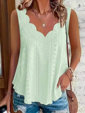 Plus Size Casual Solid Color Palace Floral Fabric V-Neck Sleeveless Tank Top