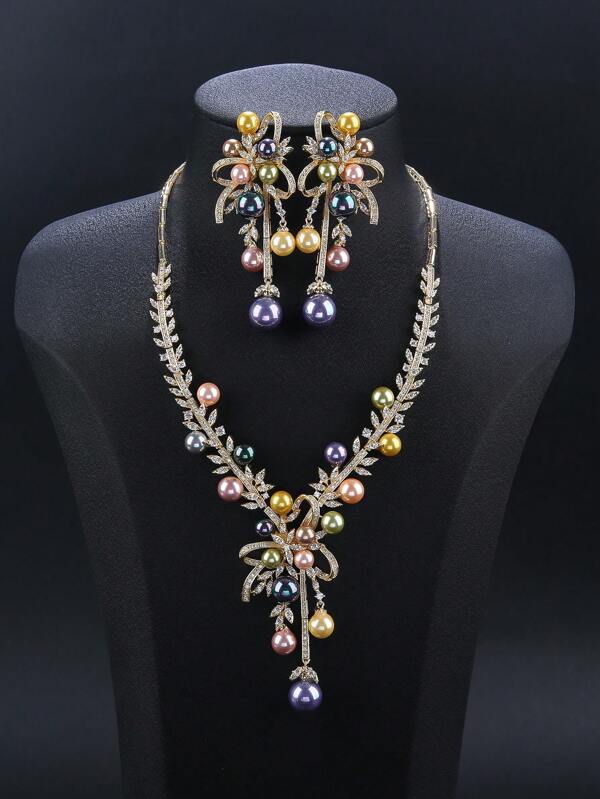 1 Set Of 3pcs Luxury Cubic Zirconia Necklace & Earrings Jewelry Set, Matching Wedding Dress, Party Gown, Faux Pearl Jewelry Gift For Holiday, Birthday