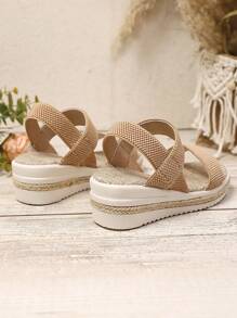 Girls' Simple Solid Color Elastic Comfortable Thick Sole Summer Sandals, Rope Platform Thick Bottom Sandals (Run Small)