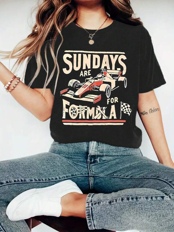 Camiseta de manga corta de cuello redondo con estampado gráfico casual, de uso diario y para los domingos - Blusa de verano para mujer con estampado gráfico