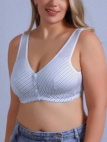 Women's Black & White Basic Front-Close Padded Lingerie Bralette, Minimalist Line Design Seamless Comfortable Lift Up Supportive Wirefree Lingerie Bra For Big Bust - Black and White - View 4