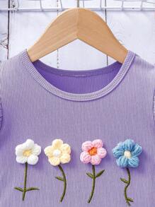 Conjunto de vacaciones para niña: Camiseta azul con estampado floral menudo con decoración floral en 3D + Falda con volantes y estampado floral menudo, estilo dulce para niñas, apropiado para actividades al aire libre y sesiones de fotos, talla 4-7 años, primavera/verano