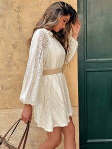 女士褶皱腰优雅泡泡袖中长连衣裙，别致而迷人 - 杏色 - 查看 8