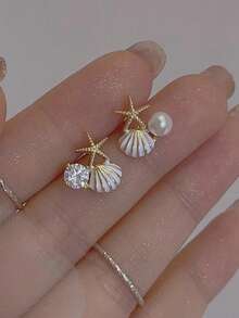 1 Pair Starfish & Seashell Faux Pearl Earrings, Lightweight Luxury Niche High-End Earring, Sweet Earrings - Multicolor - View 10