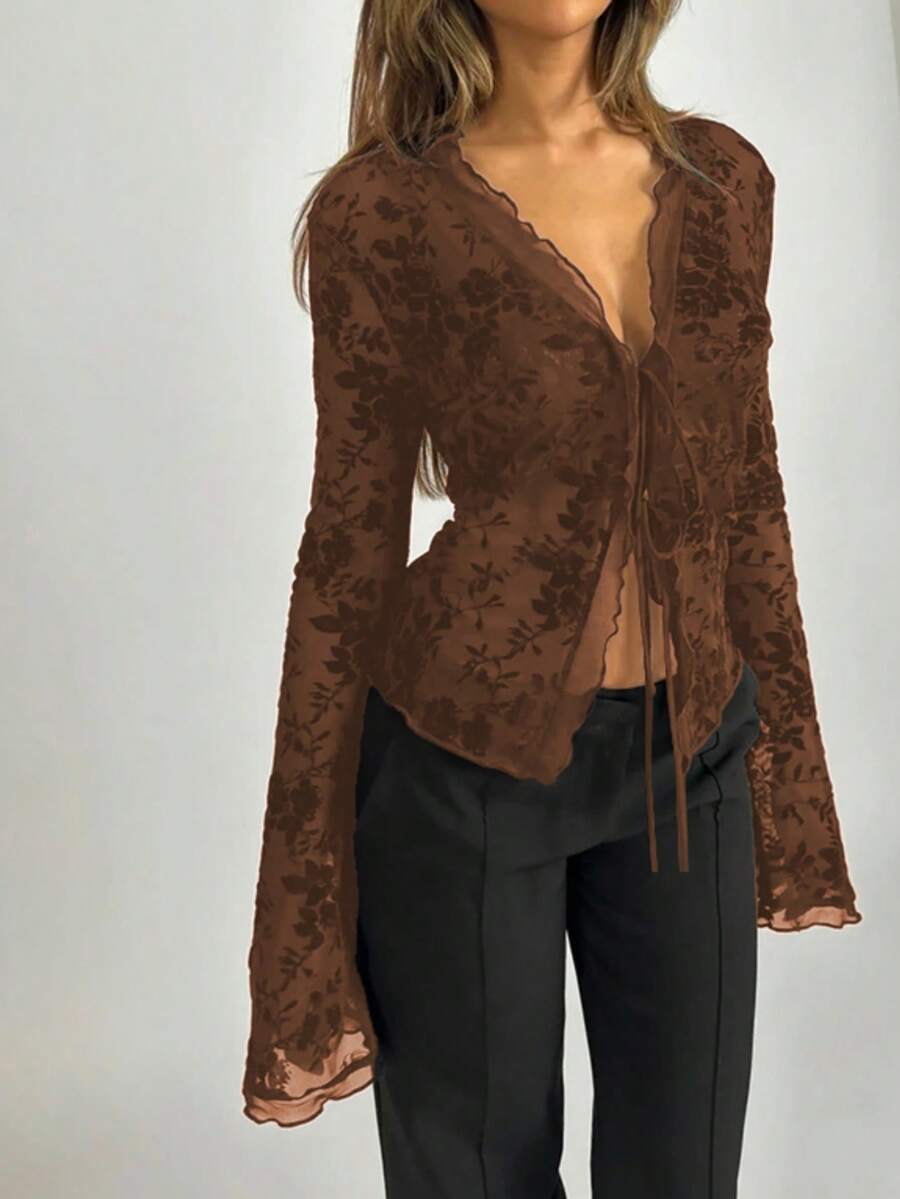 Women's Sexy Sheer Tie Front Ruffle Flared Sleeve Blouse - Khaki - View 1