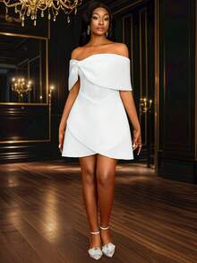 Vestido de dama de honor sexy con hombros descubiertos, lazo, corte evasé y asimétrico, color blanco, para fiesta nupcial, boda, graduación, novia