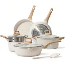 Non Stick Ceramic Cookware Set, Healthy Pot And Flat Bottomed Pot Set, Kitchen Cooking Set, With A Cool Handle To Keep It Cool, Ceramic Non Stick Stew Pot With Lid, White Granite Coating, Free Of PFOS/PFAS