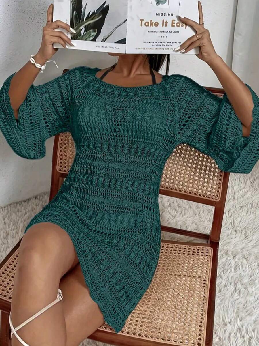 Elegantes, blaugrünes Off-Shoulder Häkelkleid für Damen – Glockenärmel, perfekt für den Strandurlaub, leichter Polyester-Strickstoff, lässiges Sommerkleid | Häkeldesign | Aufwendige Häkelarbeit, Cut Out