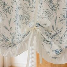 1pc Linen-Looking Blue Floral Print Curtain With White Ruffle Trim, Adjustable And Expandable Design, Adds Stylish Home Decor