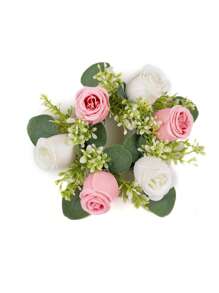 1 pièce Composition florale de centre de table de mariage - Couronne de fleurs artificielles roses avec bougie, couronne de printemps/été pour porte d'entrée, cérémonie - Bougeoir de fleurs artificielles feuilles, couronne florale en soie rose avec support de bougie, petites fleurs en plastique pour décoration de mariage, bouquet de mariée, décoration de centre de table, jardin, cour, mariage, anniversaire, douche, décoration de chambre esthétique, salle de classe, bureau, balcon, centre commercial, Saint-Valentin, cadeau