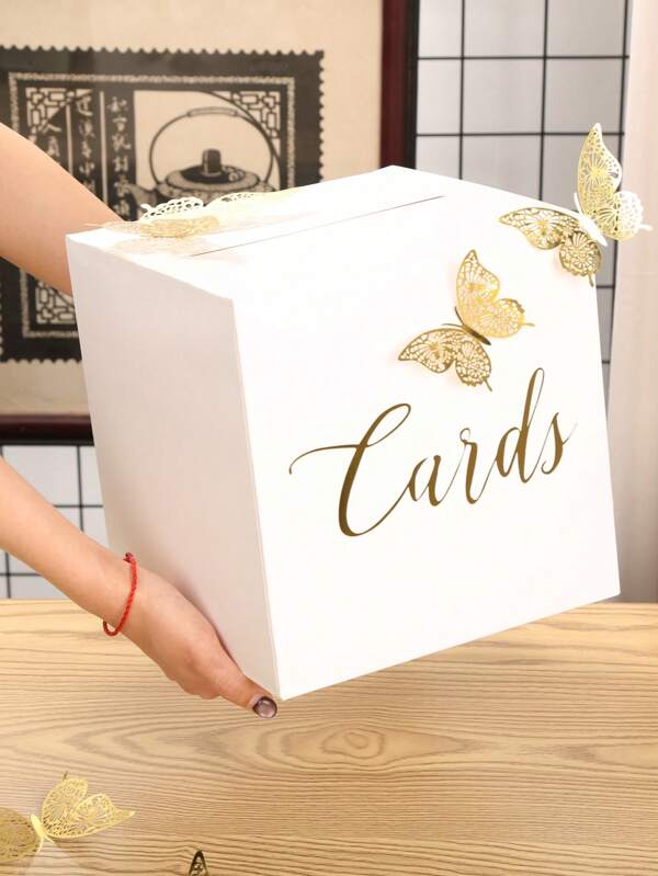 Elegante weiße und goldene Hochzeitskartenkiste für den Empfang, Hochzeit Umschlag Geldkartenkiste für Partyversanstaltungen, Spendensammlungen, Fundraising. Elegante weiße und goldene Hochzeitskartenkiste für den Empfang, Hochzeit. Hochzeitskartenkiste (22cm) mit 12 Stücke Schmetterling Dekoration, DIY weiße Hochzeitskartenkiste