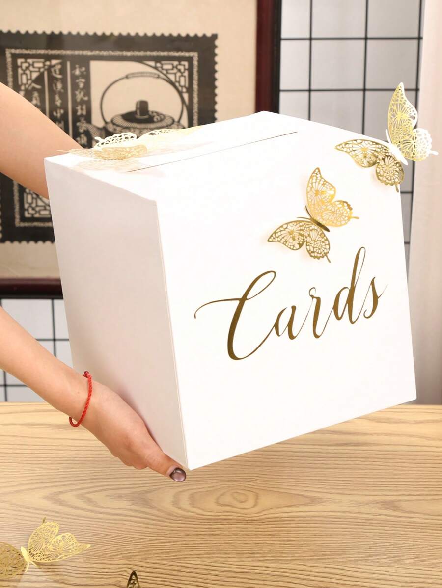 Cutie pentru felicitări de nuntă, cutie elegantă albă și aurie pentru recepție, plic de nuntă, cutie pentru bani pentru petreceri, tombole, donații, strângere de fonduri, cutie elegantă albă și aurie pentru felicitări de nuntă pentru recepție, nuntă, cutie pentru felicitări de nuntă (8,66 in) cu 12 decorațiuni fluturi, carcasă albă pentru felicitări de nuntă DIY (reamintire: Materialele din hârtie sunt predispuse la deteriorare, vă rugăm să achiziționați cu atenție)