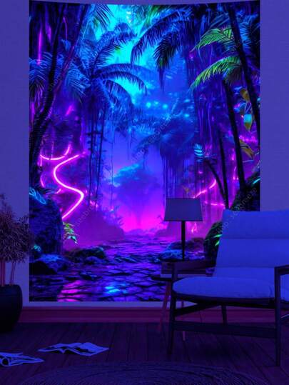 لوحة جدارية تفاعلية مع الأشعة فوق البنفسجية بتصميم الغابة النيونية، فنون رقمية مضيئة بألوان البنفسجي والوردي، ديكور غامض ضبابي، لوحة فنية حديثة لغرفة النوم وغرفة المعيشة والألعاب الإلكترونية، مناسبة لهواة التقنية