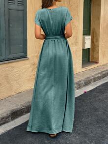 Women's A-Line Ruched Linen Texture Long Dress - Teal Blue - View 5