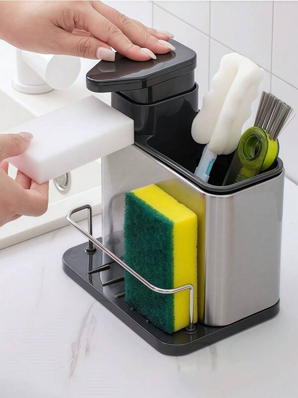 قطعة واحدة موزع صابون لحوض المطبخ، حامل أسفنجة للحوض 3 في 1 من الفولاذ المقاوم للصدأ، طبق تصريف الأدوات، منظم كادي فرشاة غسيل الأطباق من الفولاذ المقاوم للصدأ للطاولة