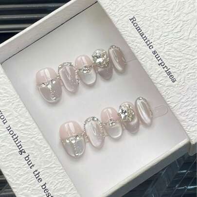 10片方形和圆形短玻璃仿珍珠美甲贴，精致闪亮猫眼设计，适合日常、节日和各种场合，按压式美甲贴，手工美甲贴片