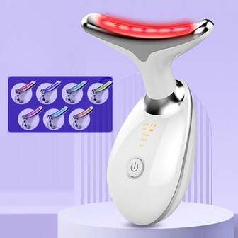 7合1护肤工具，面部护理，面部颈部按摩器，居家护肤必备，亮粉色，呵护面部和颈部肌肤 - 这款多功能面部颈部按摩器拥有7种光疗模式，可改善多种肌肤问题，保持肌肤年轻健康。面部和颈部按摩器 - 提拉紧致肌肤 - 减少皱纹和黑眼圈 - 居家护肤面部塑形工具和颈部按摩器，七种可选模式