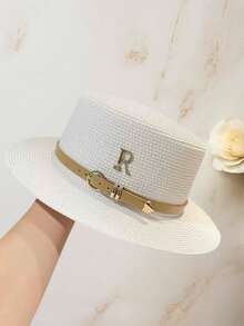 Women's Fashionable English Style Flat Top Straw Hat With Rhinestone R Letter And Leather Strap Decoration, Summer Outdoor Travel Sun Hat - Khaki - View 6