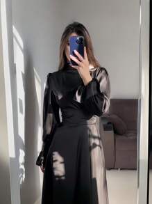 Women's Black Puff Sleeve Elegant Belted Arabic Style Dress