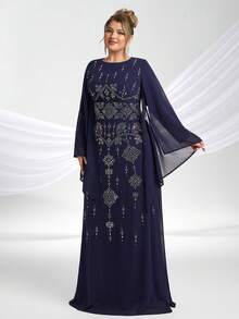 YISIKADO Vestido largo elegante de noche con mangas abullonadas, cuello redondo y patrón retro con rhinestones para mujer de talla grande, vestido largo recatado con mangas largas para fiesta y baile - Azul Marino - Ver 6