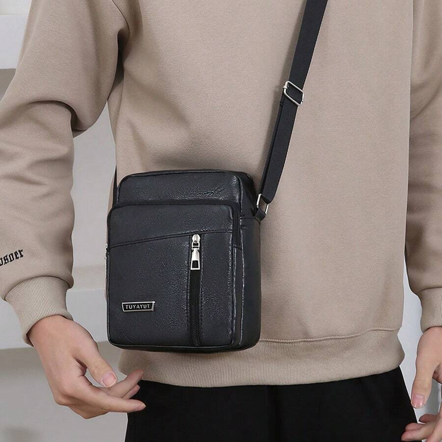1pc Plain Men's Sling Crossbody Bag, Fashionable Shoulder Bag Suitable For Daily Business/Commuter Use Sling Bag Purse Essentials - Black - View 1