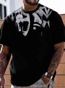 Black Graphic Print Round Neck T-Shirt, Men's Simple, Sports, Casual, Loose, Short Sleeve Top For Summer