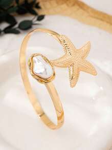 1pc Women's Minimalist Geometric Line Open Cuff Bracelet, Gold Color Jewelry For Daily Wear