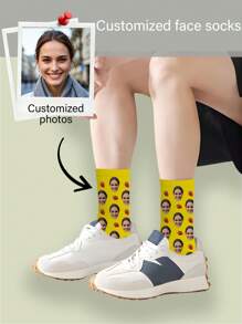 1 Pair Customized Face Pattern Mid-Calf Socks, Gift Socks For Friends, Holiday Socks