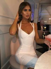 Vestido ajustado de tubo con escote en V, tirantes de espagueti y largo midi en estilo fantasía. Vestido de cóctel elegante blanco para salida nocturna, fiesta o cóctel, sexy para mujer