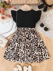 适合年轻女孩的优雅夏装，包括圆领豹纹无袖连衣裙和蝴蝶结腰带连体连衣裙 - 黑色 - 查看 2