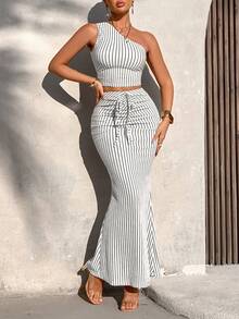 AIJ Amarilo Women Summer Casual Striped One-Shoulder Ruffle Crop Top And Ruffle Fishtail Skirt 2-Piece Set (Random Print) - White - View 3