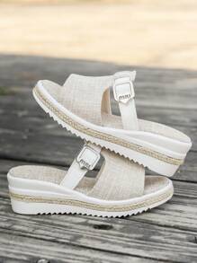 Girls' Casual Solid Color Open Toe Sandals, Thick Bottom Rope Wedge Fashion Slippers, Suitable For Indoor And Outdoor Wear In Summer (Run Small)