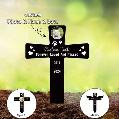 1 Stück personalisierter Haustiergedenkpfahl mit farbigem Foto, Name und Datum für Friedhofsgedenken, emotionaler Kreuz-Grabmarker, personalisiertes Gartenschild zur Ehrung geliebter Katzen und Hunde