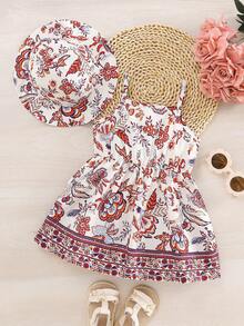 女婴碎花连衣裙+帽子两件套，休闲优雅风格，轻盈透气，适合春夏穿着 - 紅色 - 查看 2