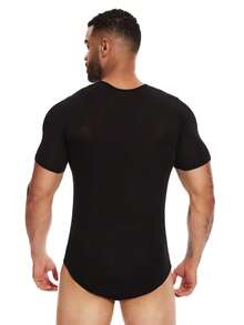 Men Short Sleeve Bodysuit Pajama Bodysuit One Piece Pajamas Rompers Basic Shirt Tops - Black - View 5