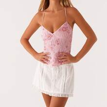 Women Y2K Sequin Cami Top Sexy V Neck Open Back Criss Cross Straps Tank Cute Sparkle Backless Low Cut Crop Tops Summer Basics Going Out Tops Streetwear - Hồng - Xem 3
