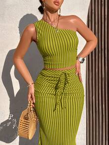 AIJ Amarilo Women's Summer Casual Striped One-Shoulder Ruffle Crop Top And Ruffle Fishtail Skirt 2-Piece Set (Random Print) - Grass Green - View 6