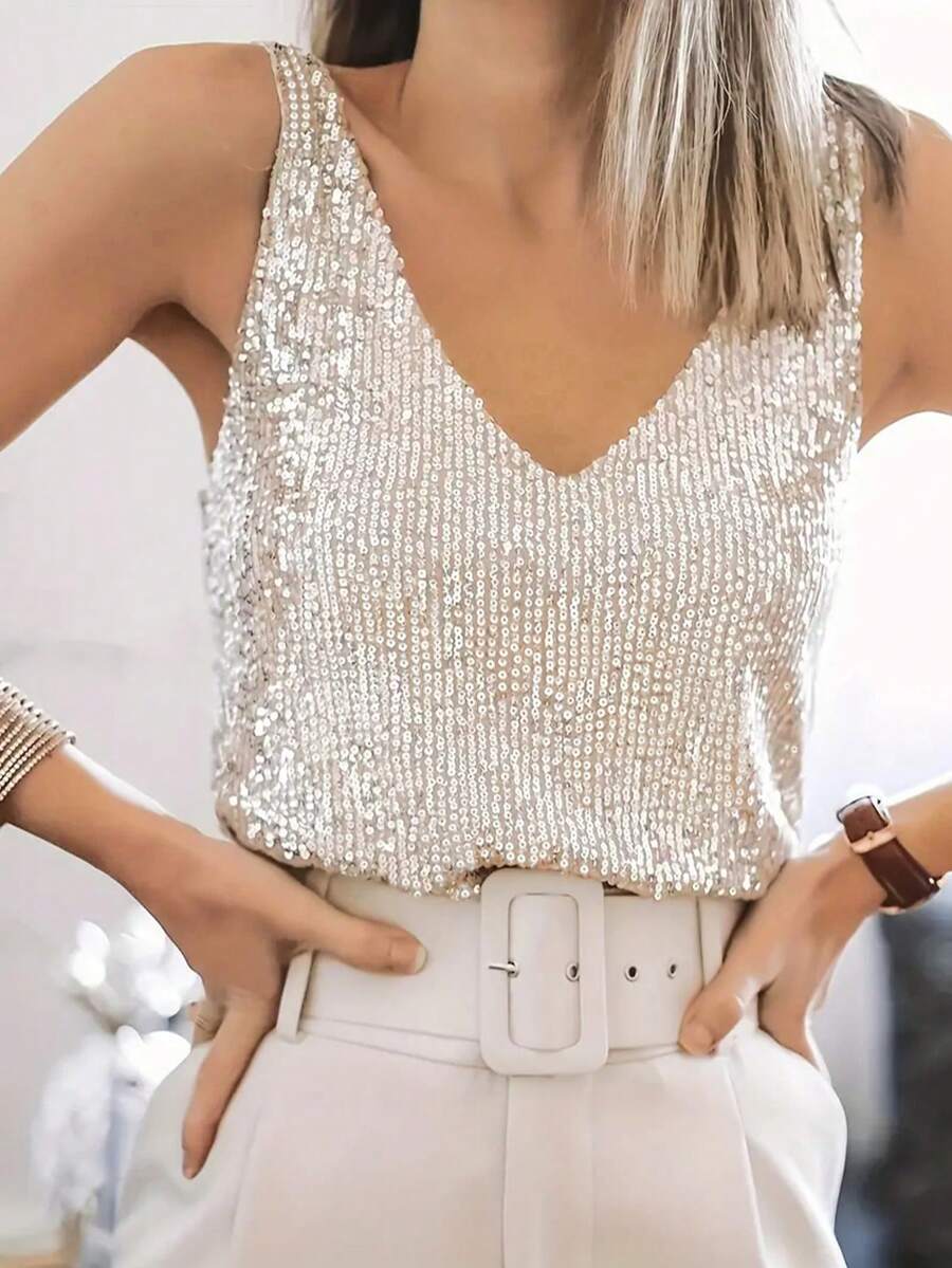 Plus Size Women V-Neck Elegant Sequin Embellished Summer Tank Top