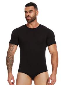 Men Short Sleeve Bodysuit Pajama Bodysuit One Piece Pajamas Rompers Basic Shirt Tops - Black - View 3