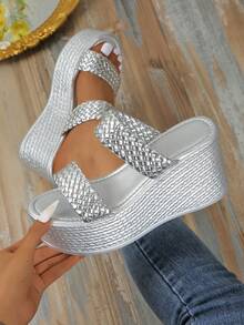 女士纯色休闲凉鞋、厚底拖鞋、夏季编织带拖鞋、厚底度假鞋 - 銀色 - 查看 3