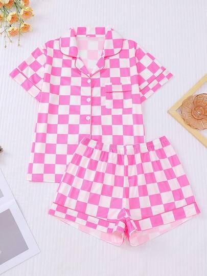 HOREA Conjunto de pijama de 2 piezas con estampado de cuadros para mujer, top de manga corta con cuello y pantalones cortos de cintura elástica, adecuado para primavera, verano, otoño e invierno