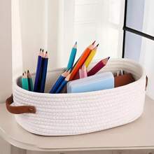 1pc Woven Storage Basket With Handle, Multi-Purpose Desktop Organizer Box, Bathroom Toilet Paper Holder, Dual Handle Office Desk Home Storage Basket